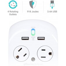 360 ELECTRICAL REVOLVE 4 ROTATING OUTLET SURGE PROTECTOR WITH 2 X 2.1-AMP USB PORTS WALL TAP - WHITE